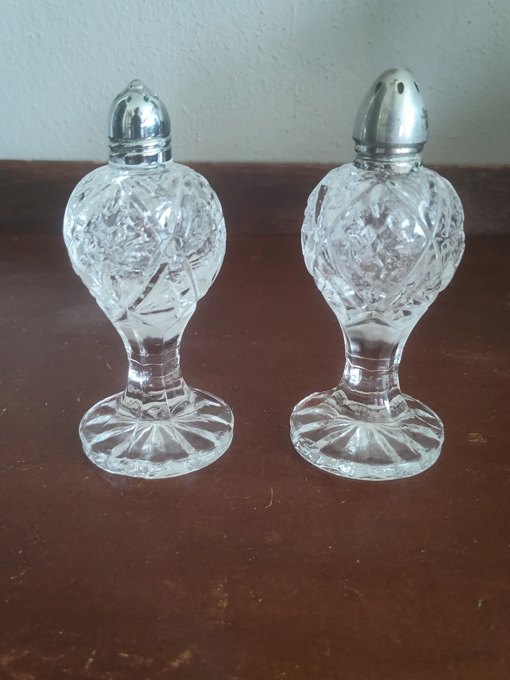 Vintage Cut Crystal Salt and Pepper Shaker Set with Silver Tops - Clear